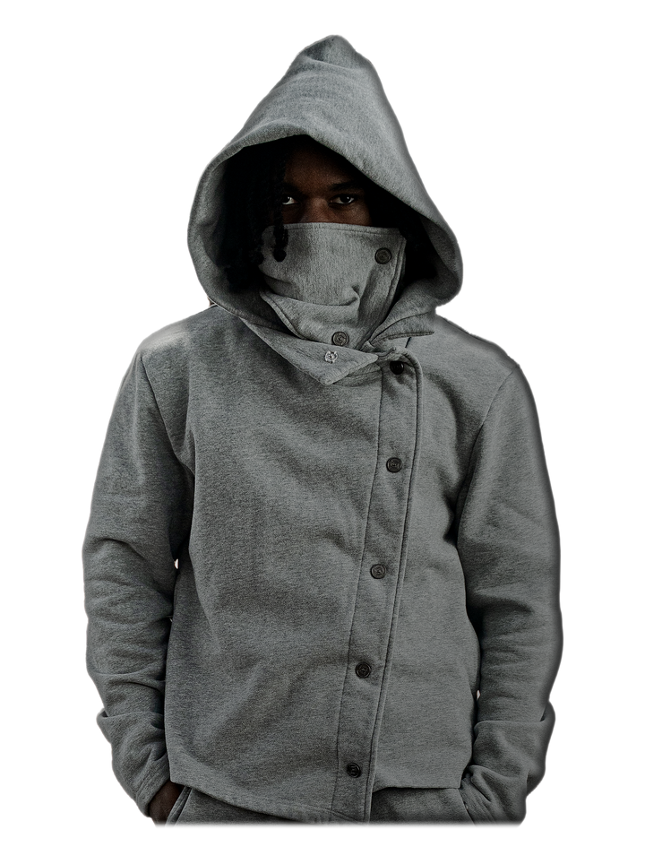 Simple Domain Jacket (Gray), hood up, on model