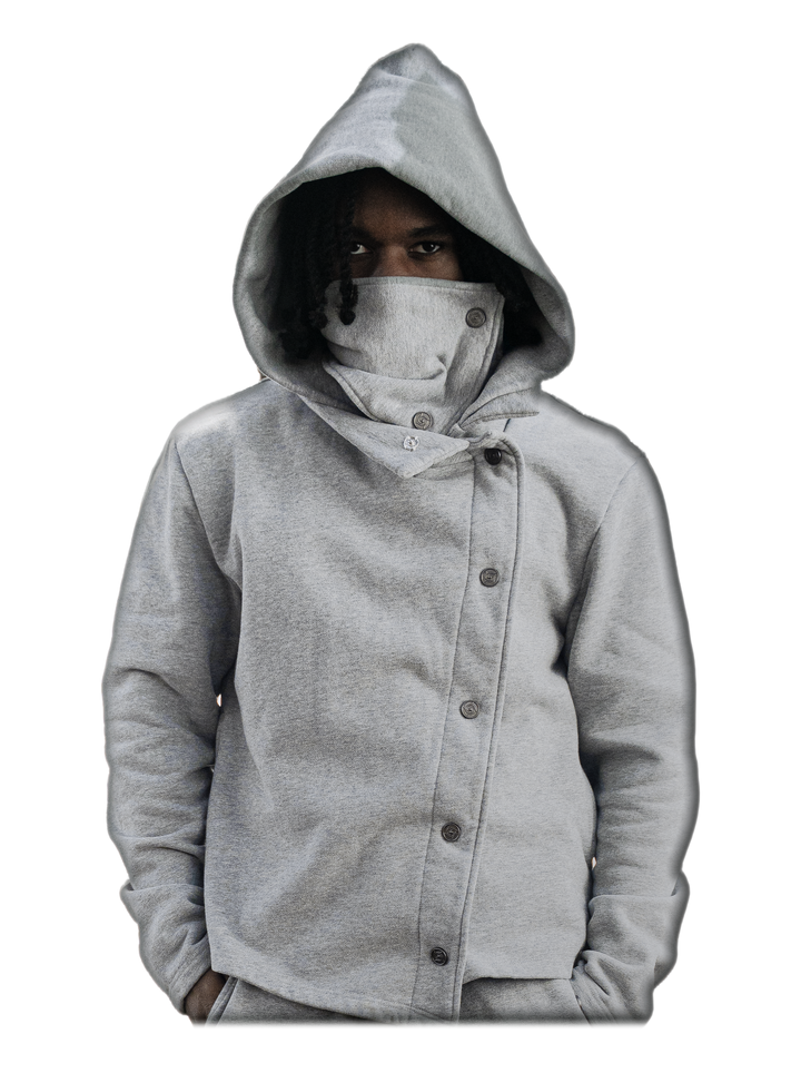 Simple Domain Jacket (Gray), hood up, on model