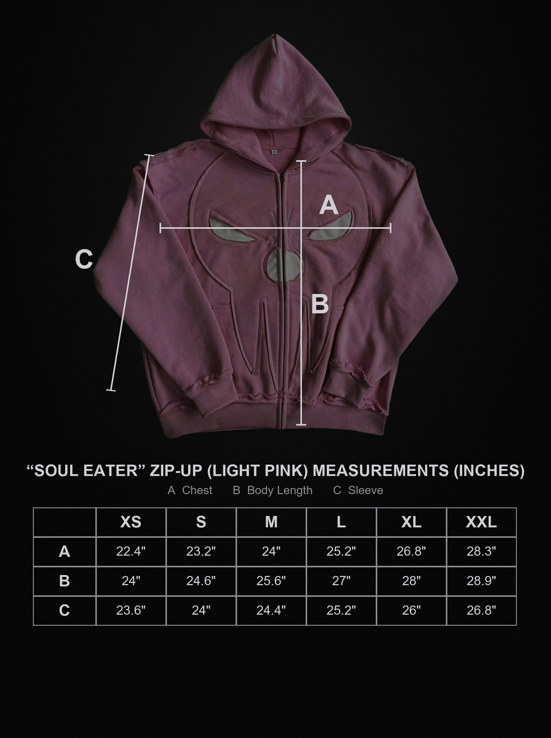 soul-eater-zip-up-light-pink size chart