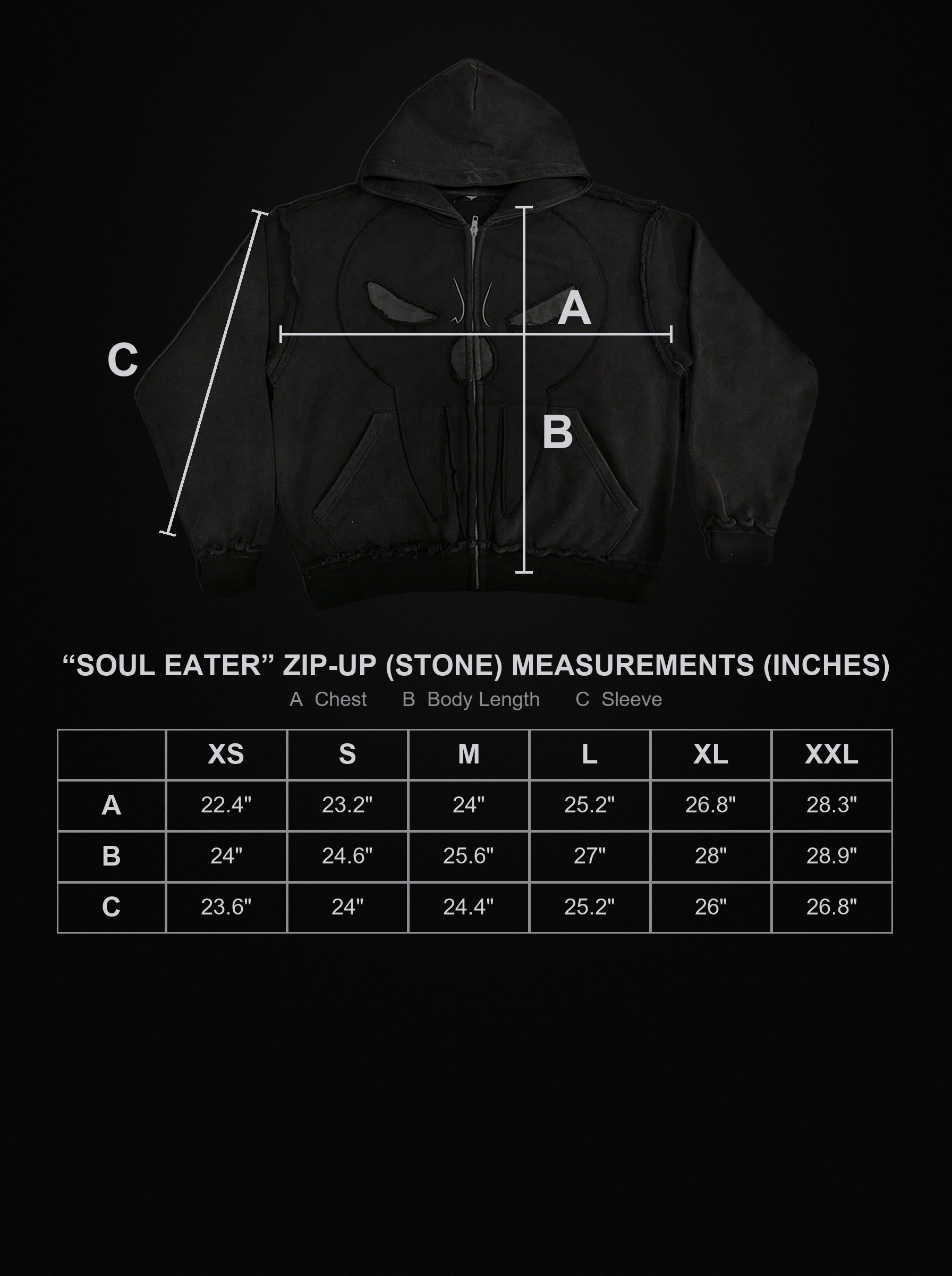 soul-eater-zip-up size chart