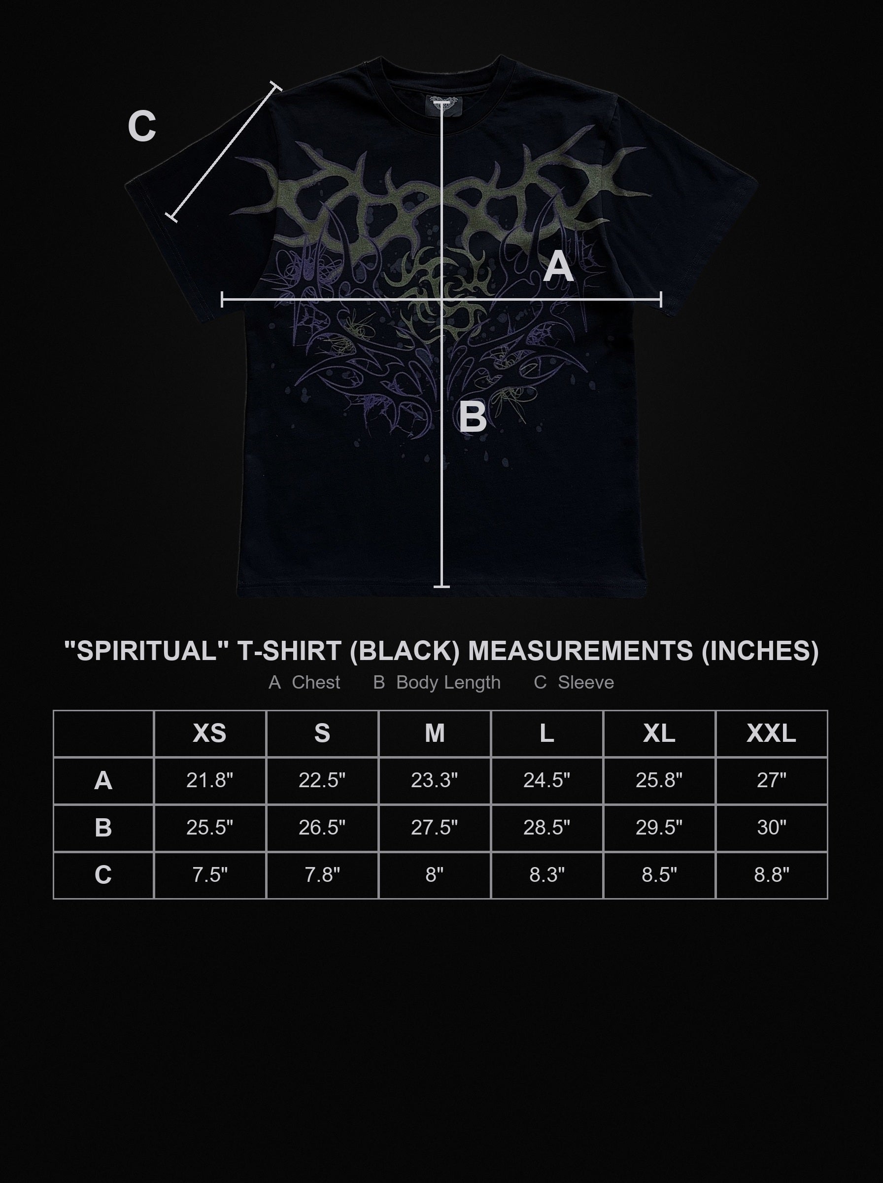 spiritual-t-shirt-black size chart