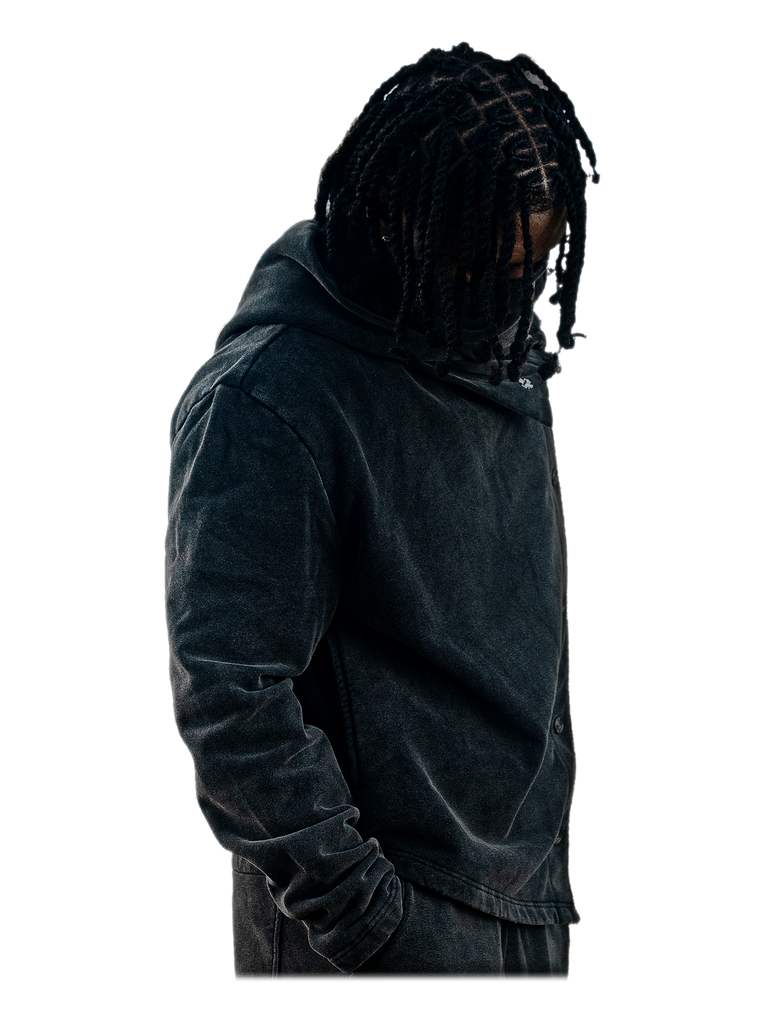 Tobari Jacket (Stone), side, on model
