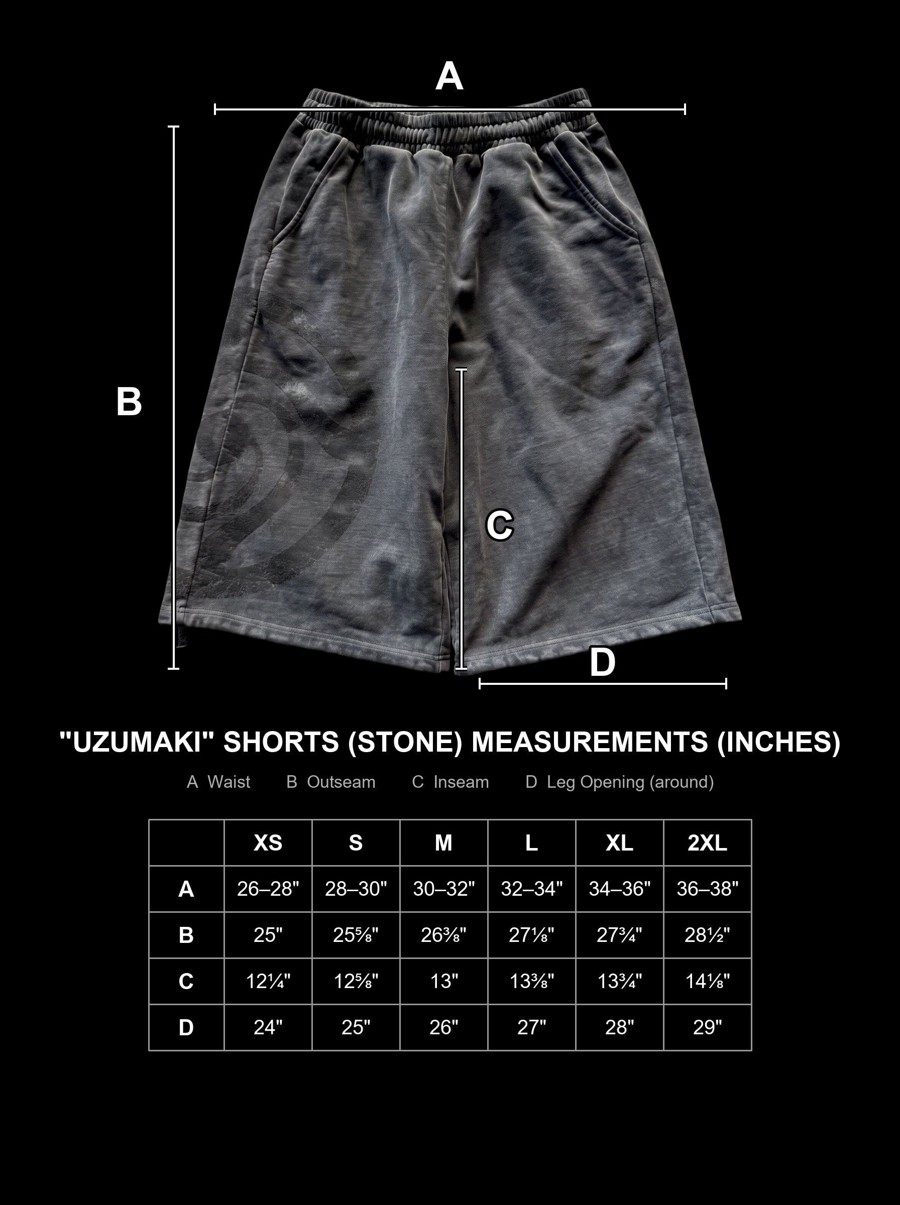 uzumaki-sweat-shorts-washed-black size chart