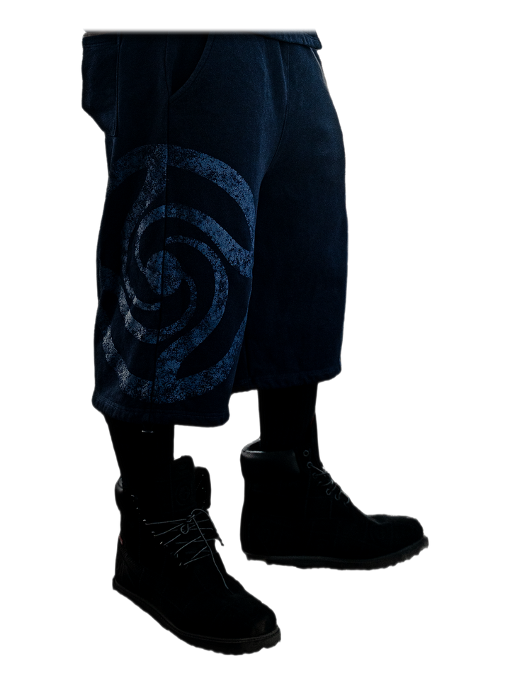 Uzumaki Shorts (Navy), front, on model
