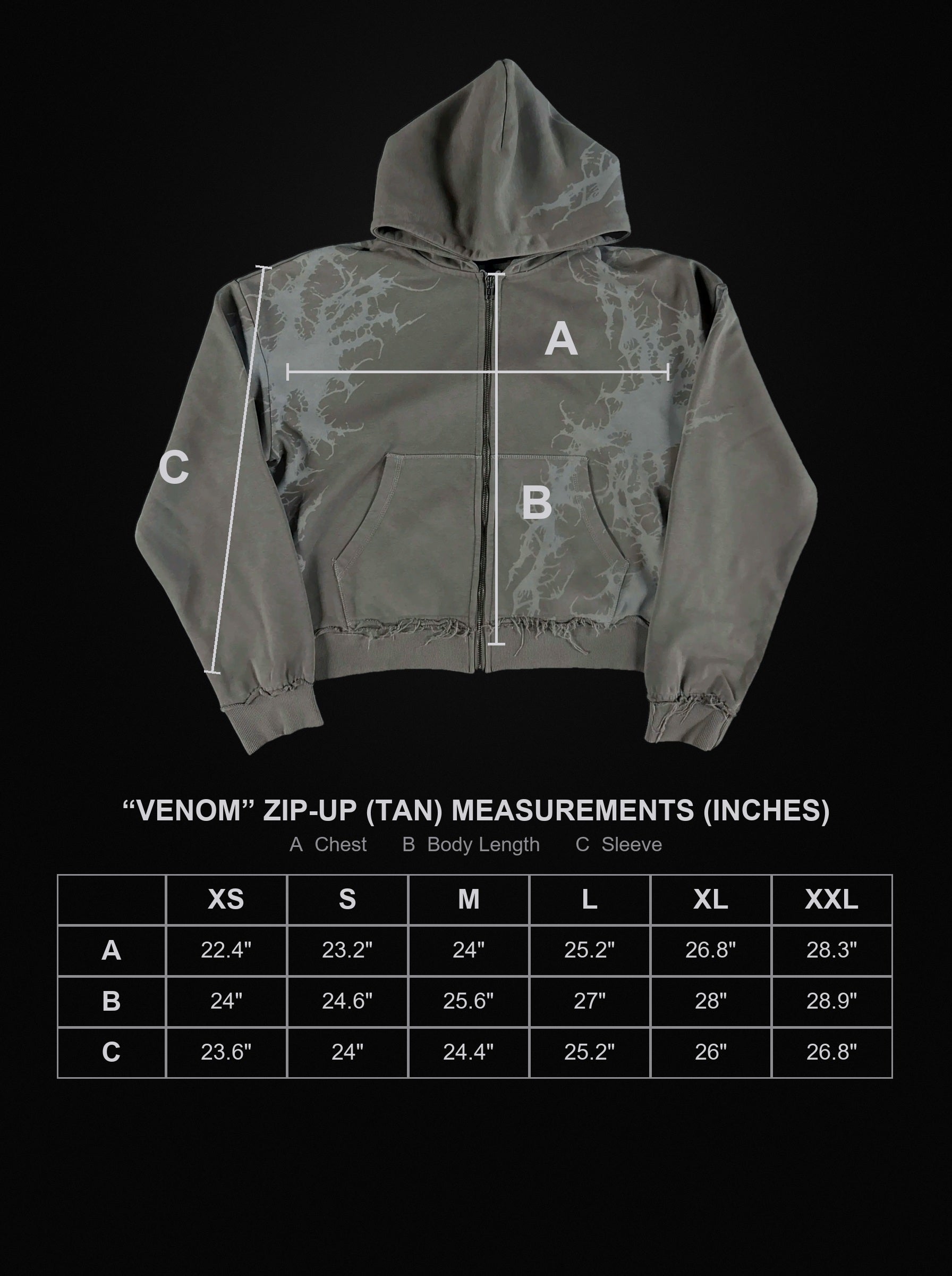 venom-zip-up-tan size chart